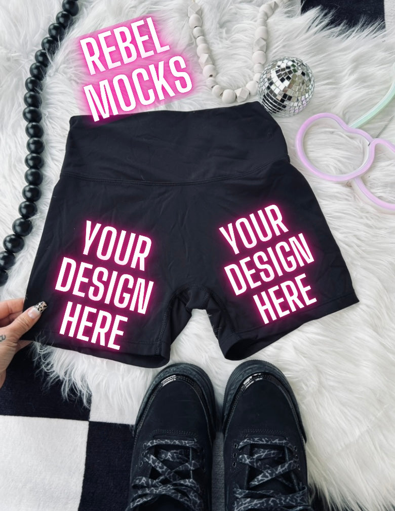 Black Biker Shorts Flat Lay Trending Mock Up Flat Lay