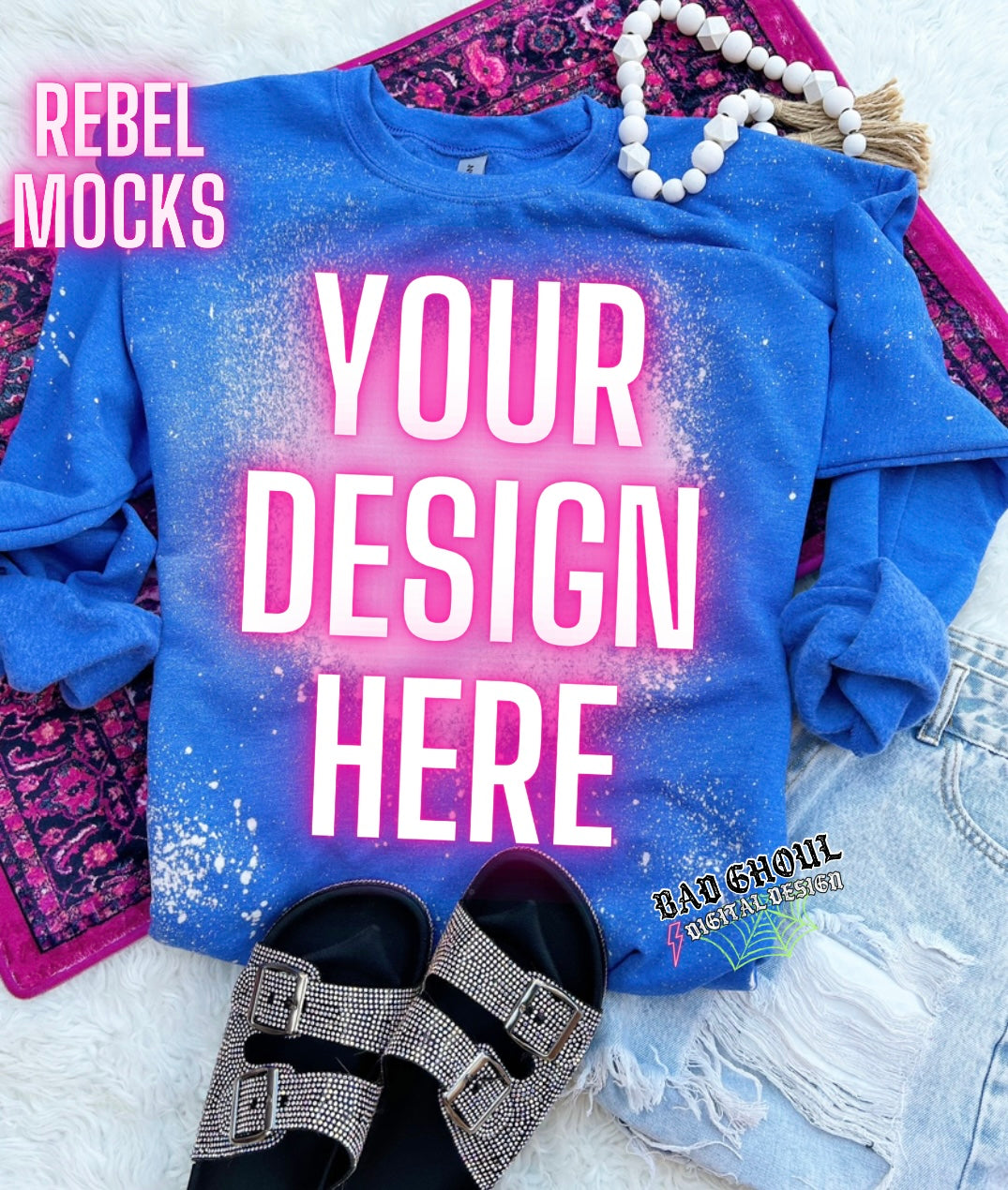 Heather Royal Bleach Crew Neck Sweatshirt TRENDING Flat Lay Mock up