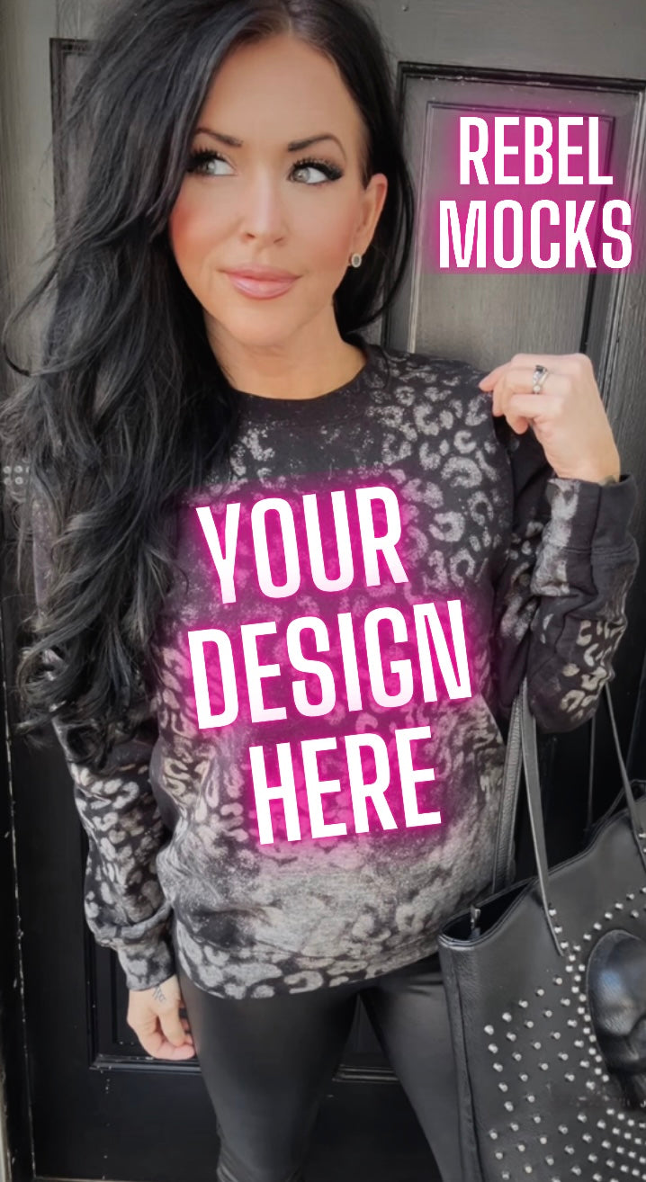 Cheetah leopard print acid wash Edgy Black crewneck sweatshirt Model Alt Vibes Mock Up