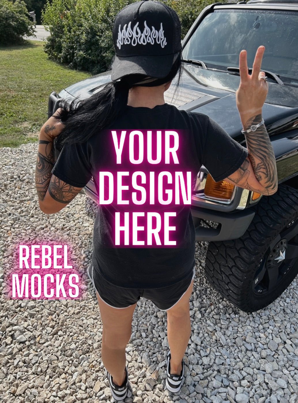 Black Back Tee IRL Model Mock Up trendy