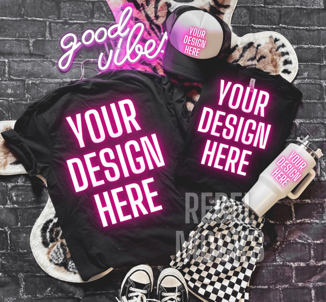 Front And Back Black Tee and HAT & Tumbler Flat Lay Mock Up