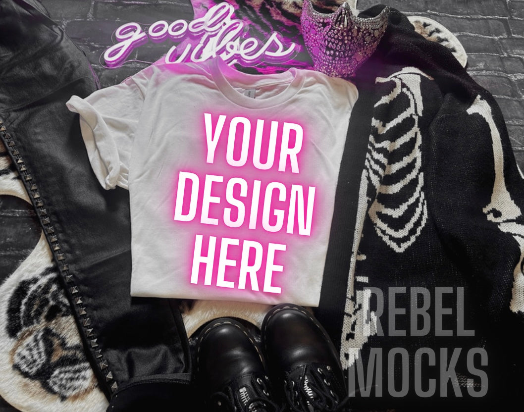 WHITE Flat Lay EDGY Tee Mock Up Bundle sub friendly 5 mocks