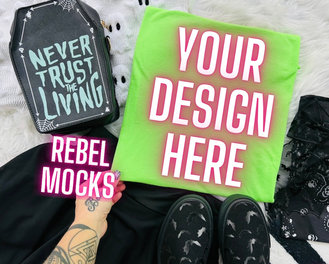 Neon Green Tee Edgy Alt Flat Lay Checkered Mock up