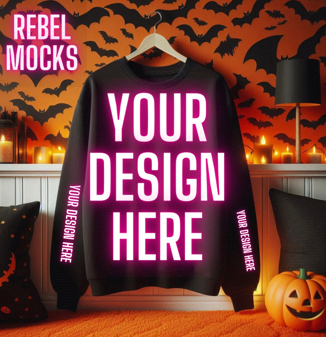 Black Crew Neck Mock Up Trendy Edgy Spooky Vibes Flat Lay