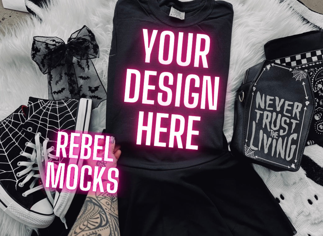 Black Tee Edgy Alt Flat Lay Mock up