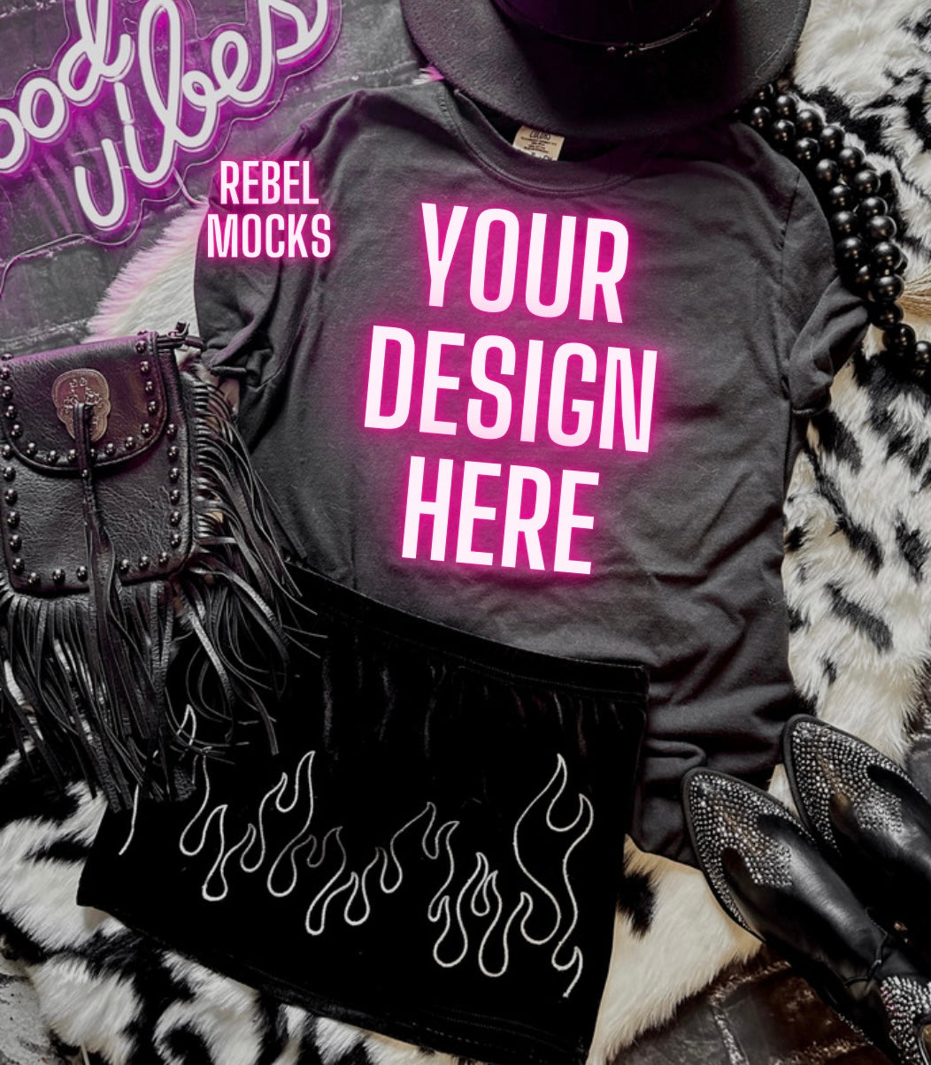 Black Tee and Shorts Mock Up Trendy Edgy Vibes Flat Lay 2 mocks