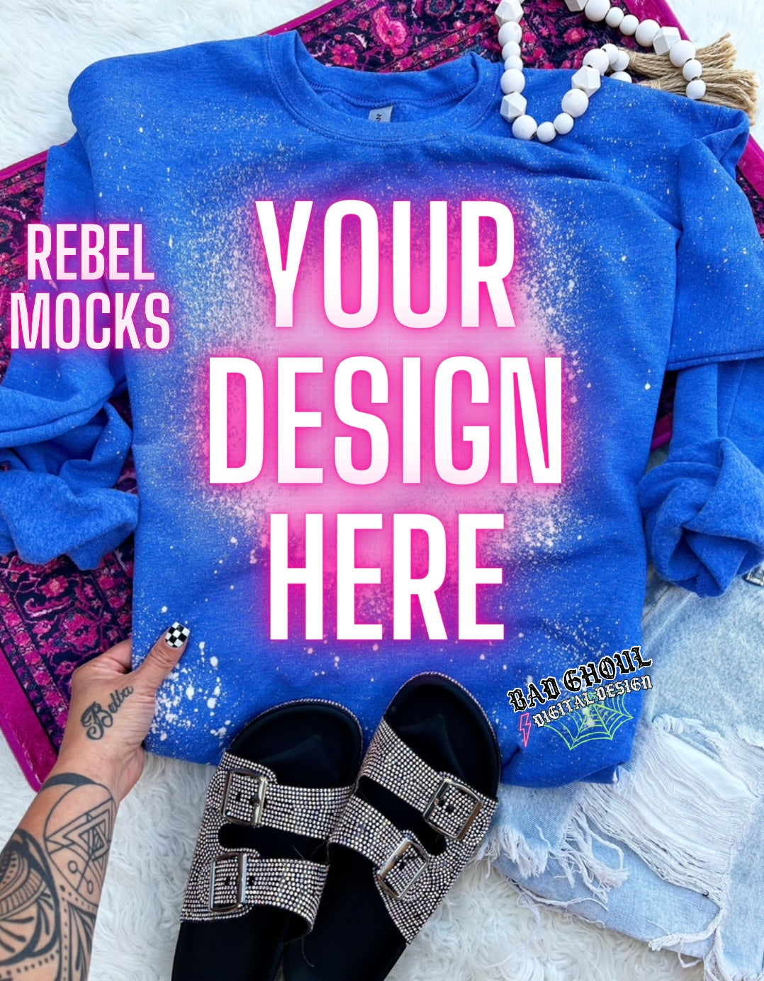 Heather Royal Bleach Crew Neck Sweatshirt TRENDING Flat Lay Mock up