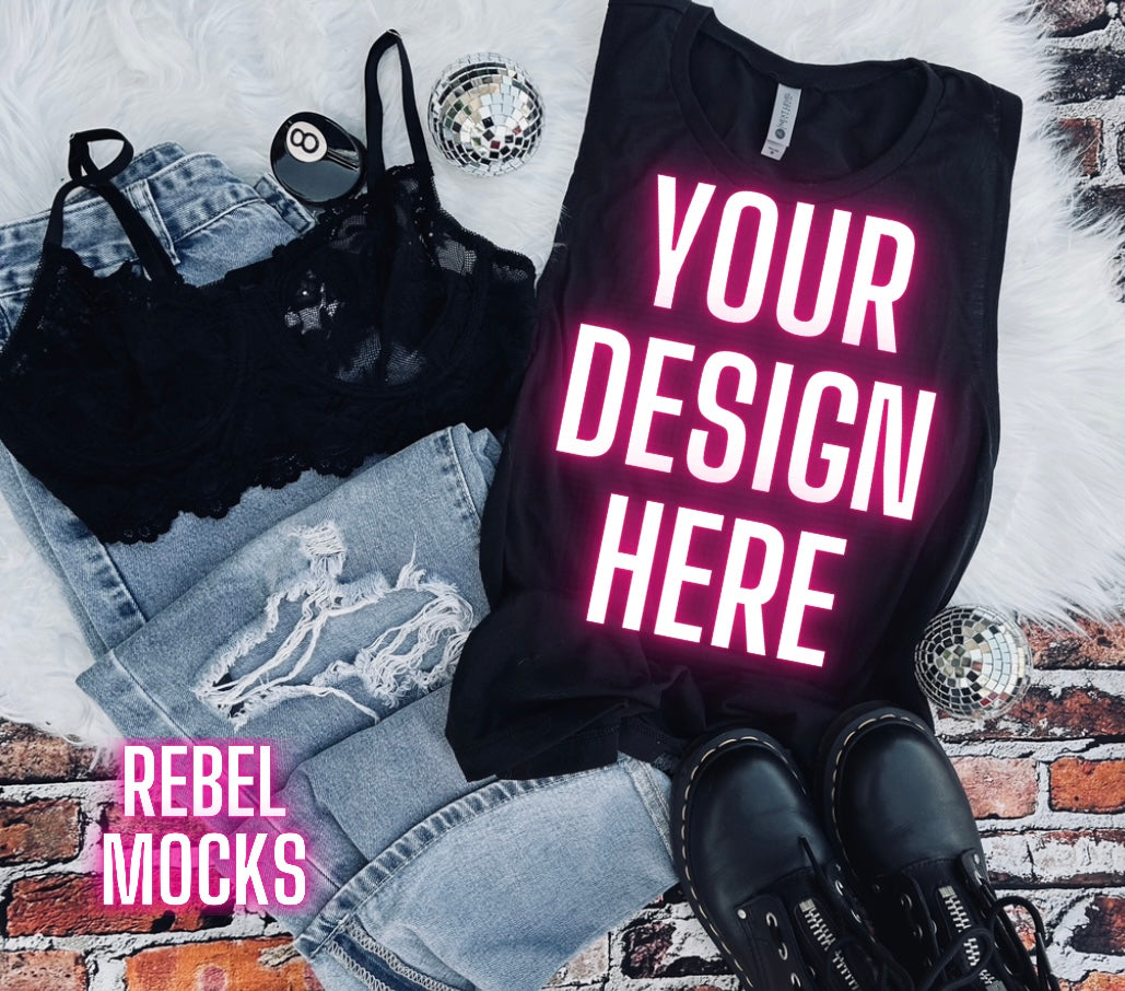 Black Muscle Tank Alt Trendy Mock Up Flat Lay