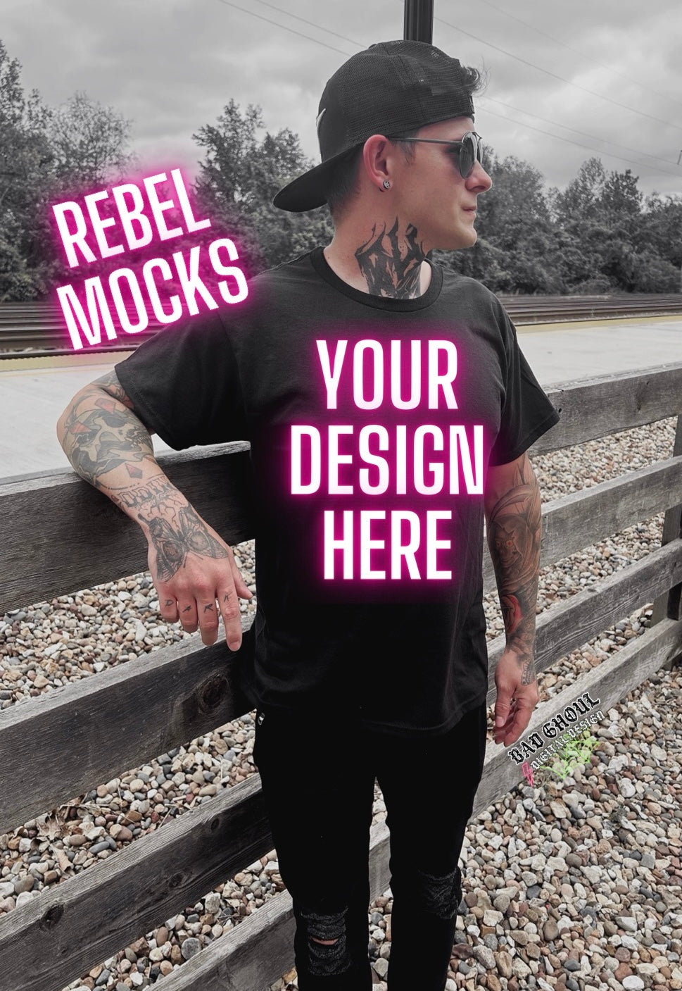 Mens Black Tee Model Mock up IRL Alternative Edgy