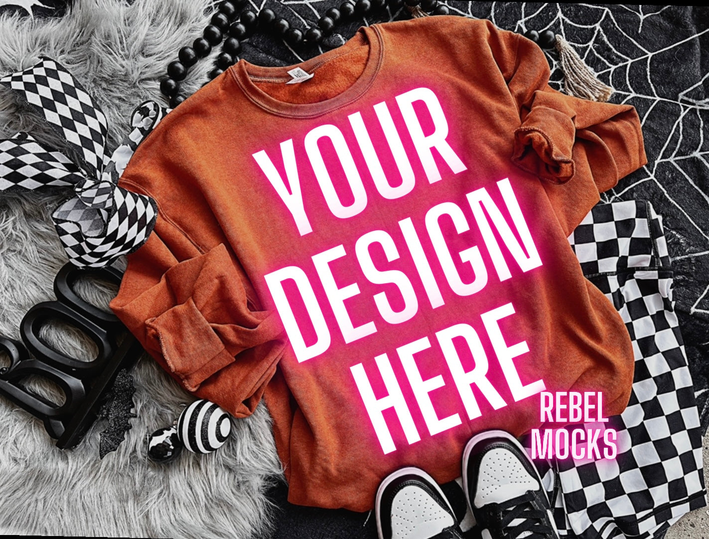 Spooky Jerzee Burnt Orange Crew Neck Edgy Flat Lay Mock UP