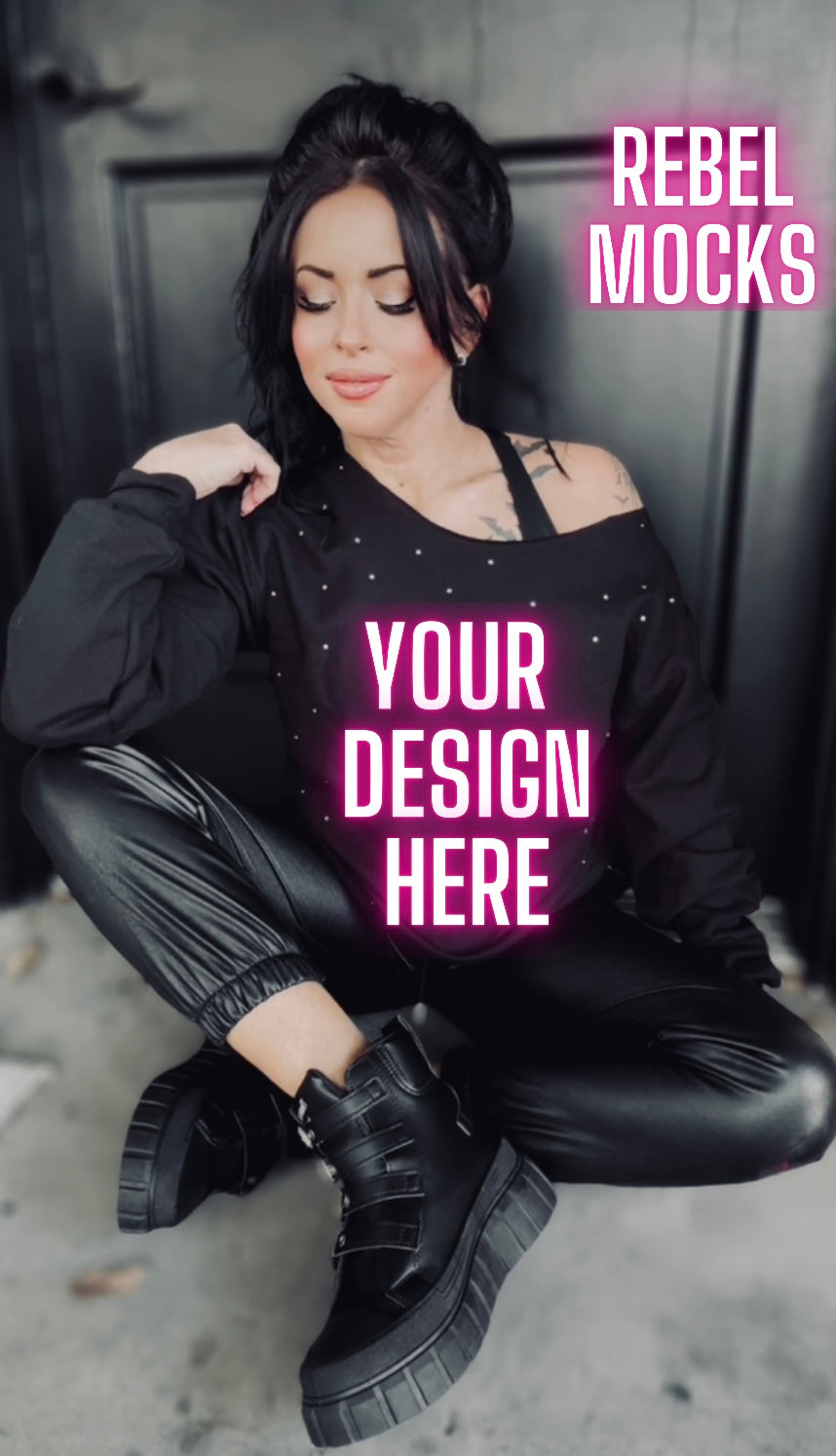 Rhinestone BLING Off Shoulder Black Crew Sweatshirt Model Mock Up