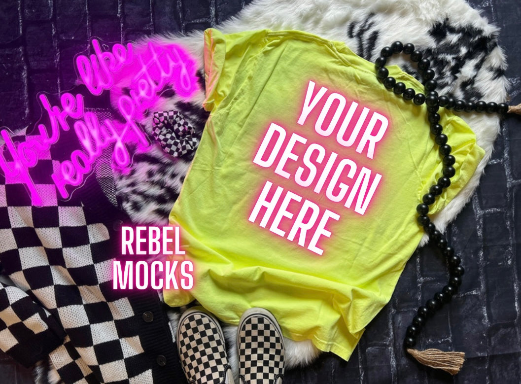 Lemon Neon Yellow Tee Flat Lay front and Back Mock Up Trendy Edgy Vibes 2 mocks