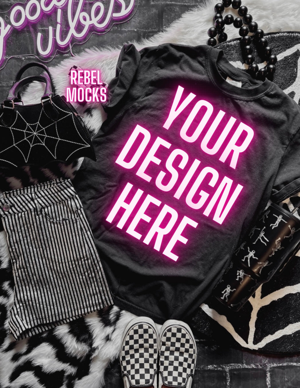 Black Tee and Shorts Mock Up Trendy Edgy Vibes Flat Lay 2 mocks
