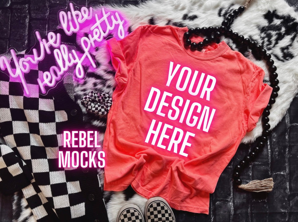 CC Neon Red Orange Flat Lay Mock Up Trendy Edgy Vibes 3 Mocks front and back