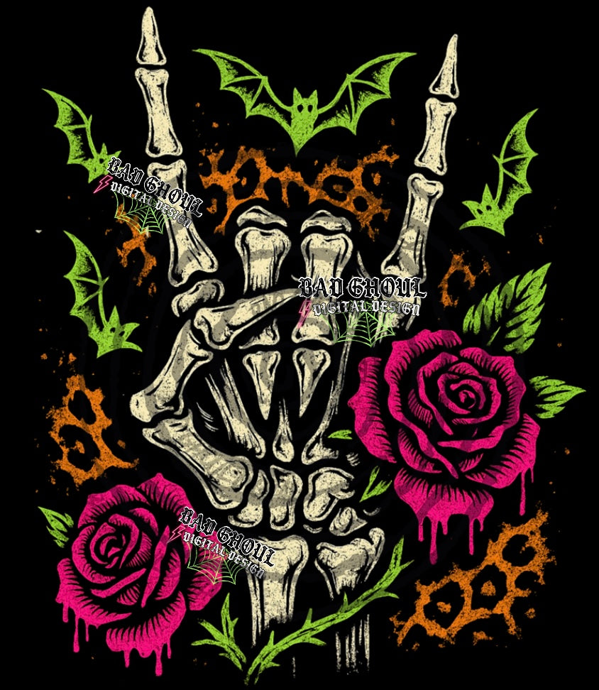 Neon Skelly Hand PNG DOWNLOAD black fabric only