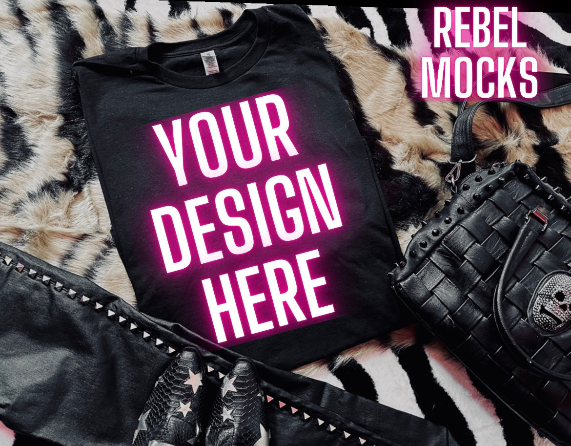 Black Tee Mock Up Trendy Grungy Edgy Vibes Flat Lay Mock Up