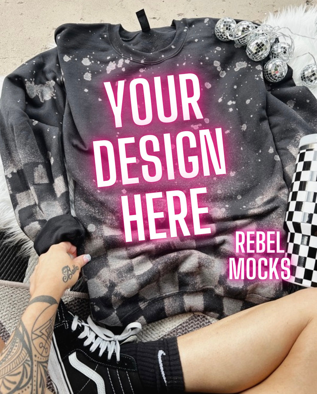 Checkered Bottom Black Acid Wash Crew Neck Sweatshirt