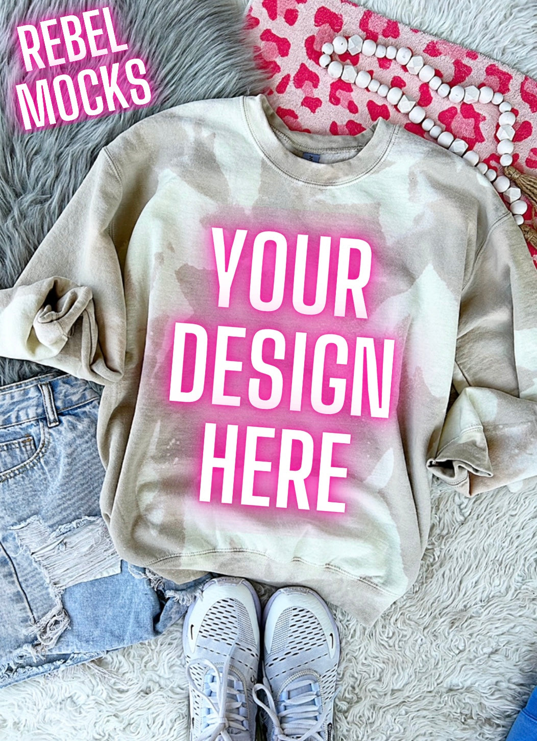 Acid Wash Sand Crewneck Sweatshirt flat lay Mock Up TRENDY Clean Vibes