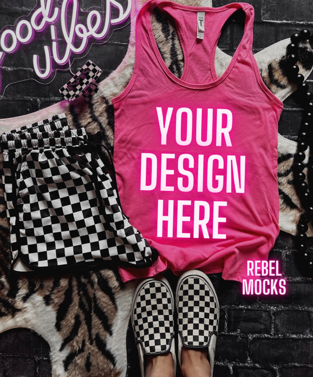 Pink Tank Mock Up Trendy Edgy Vibes Flat Lay 2 mocks