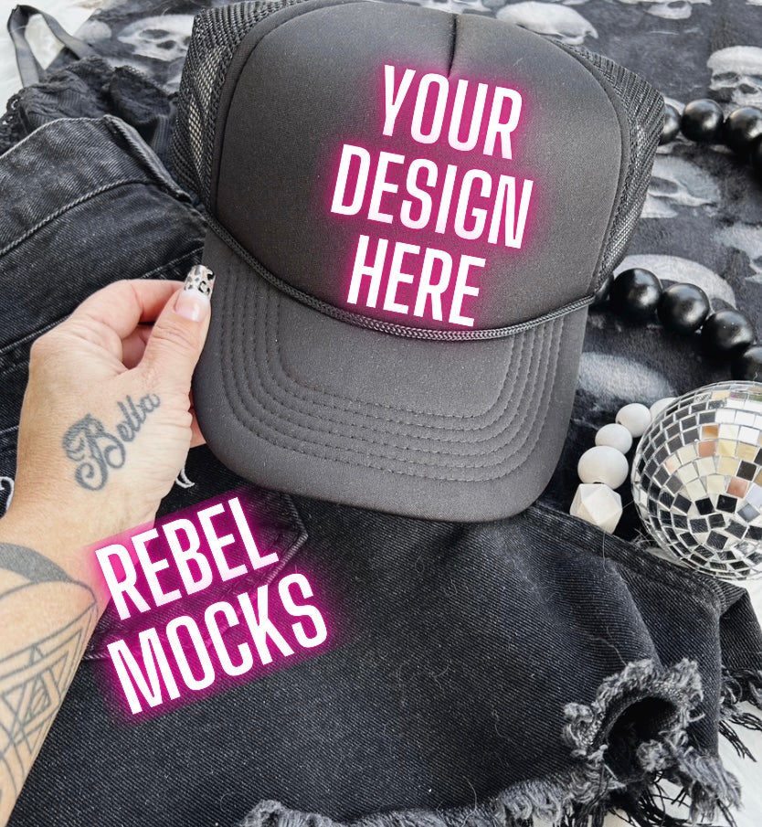 Black Alt Trucker hat Mock Up Trendy Edgy Vibes Flat Lay