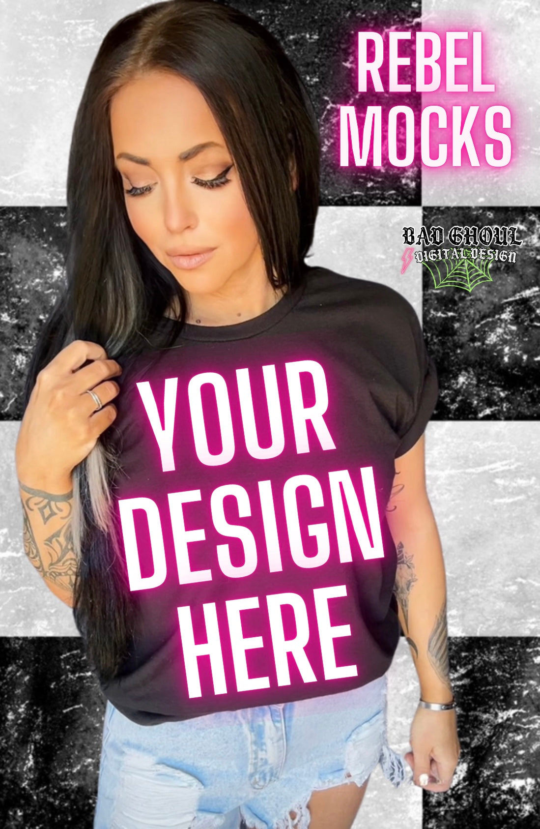 Black Rolled Sleeve Bella Muscle Tank Model Mock Trendy Background Tee IRL Mock Up