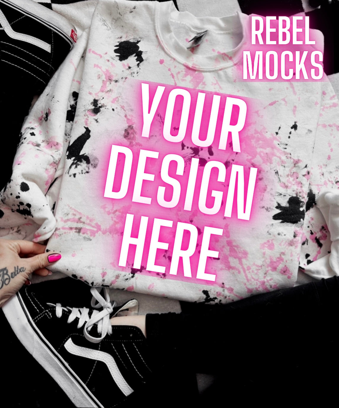 Black and Pink Scrunch White Crew Sweatshirt Flat Lay Mock Up TRENDING