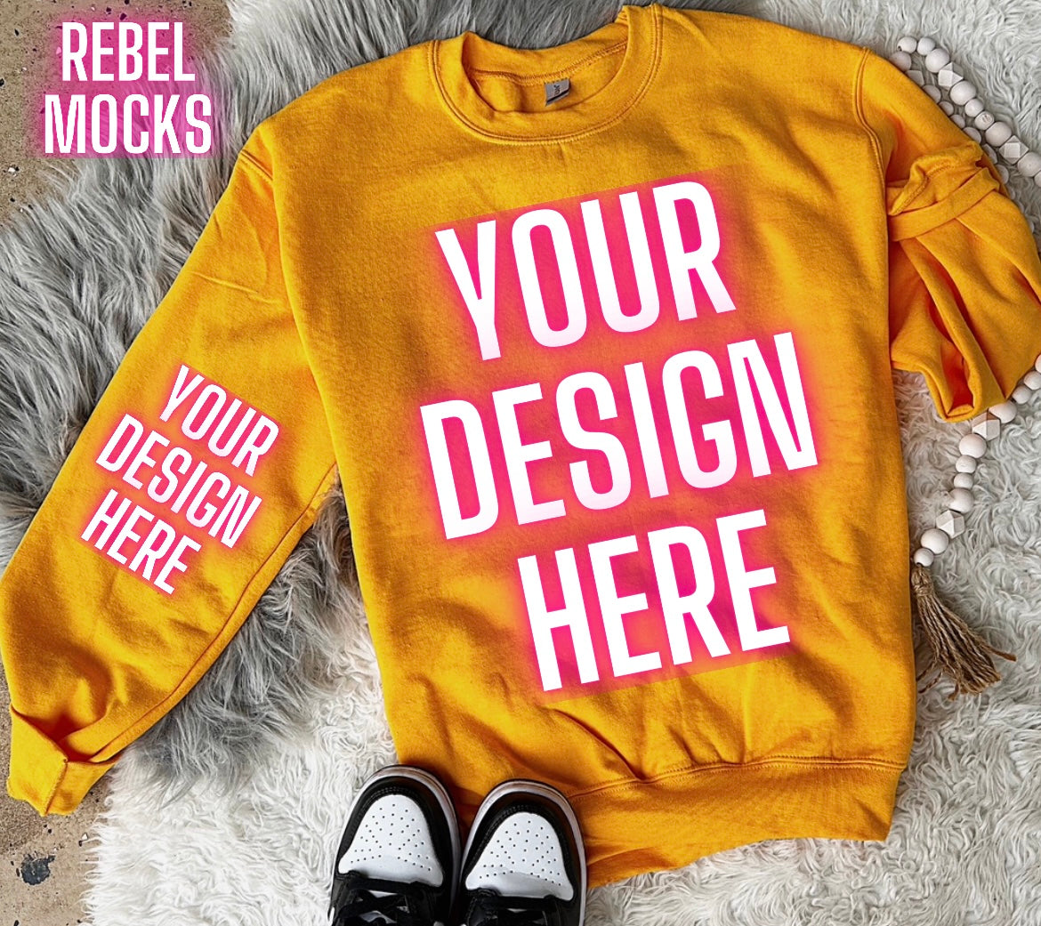 Gold Crew Neck Sweatshirt Gildan Trendy Mock Up Flat Lay