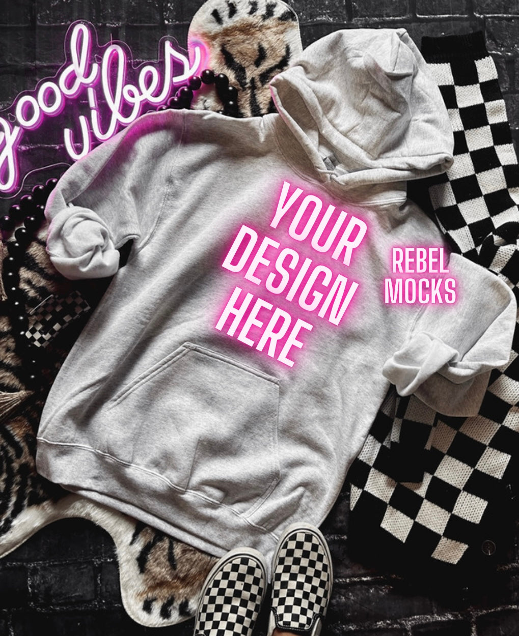 2 Mocks Ash Hoodie Mock Up Trendy Edgy Vibes Flat Lay front and back