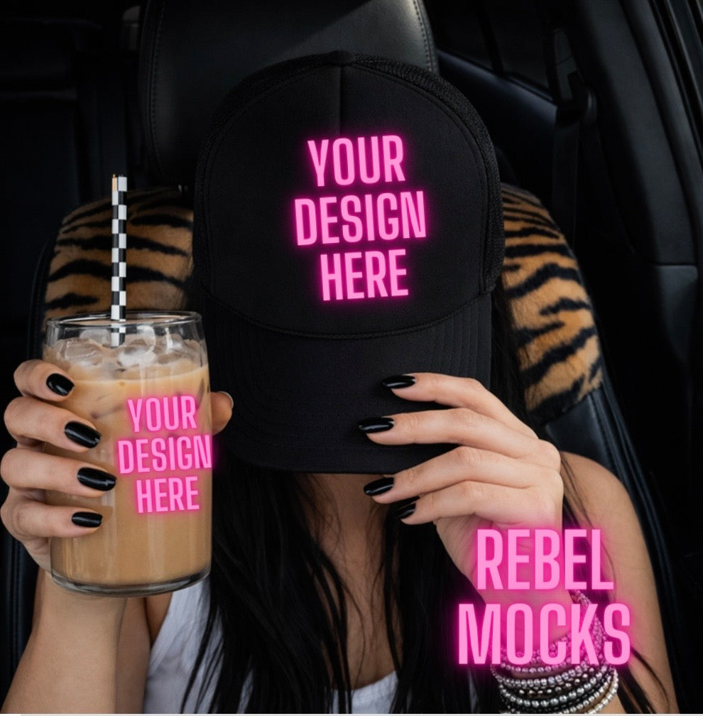 Trucker Hat & Glass Cup| Edgy Alternative Mock Up