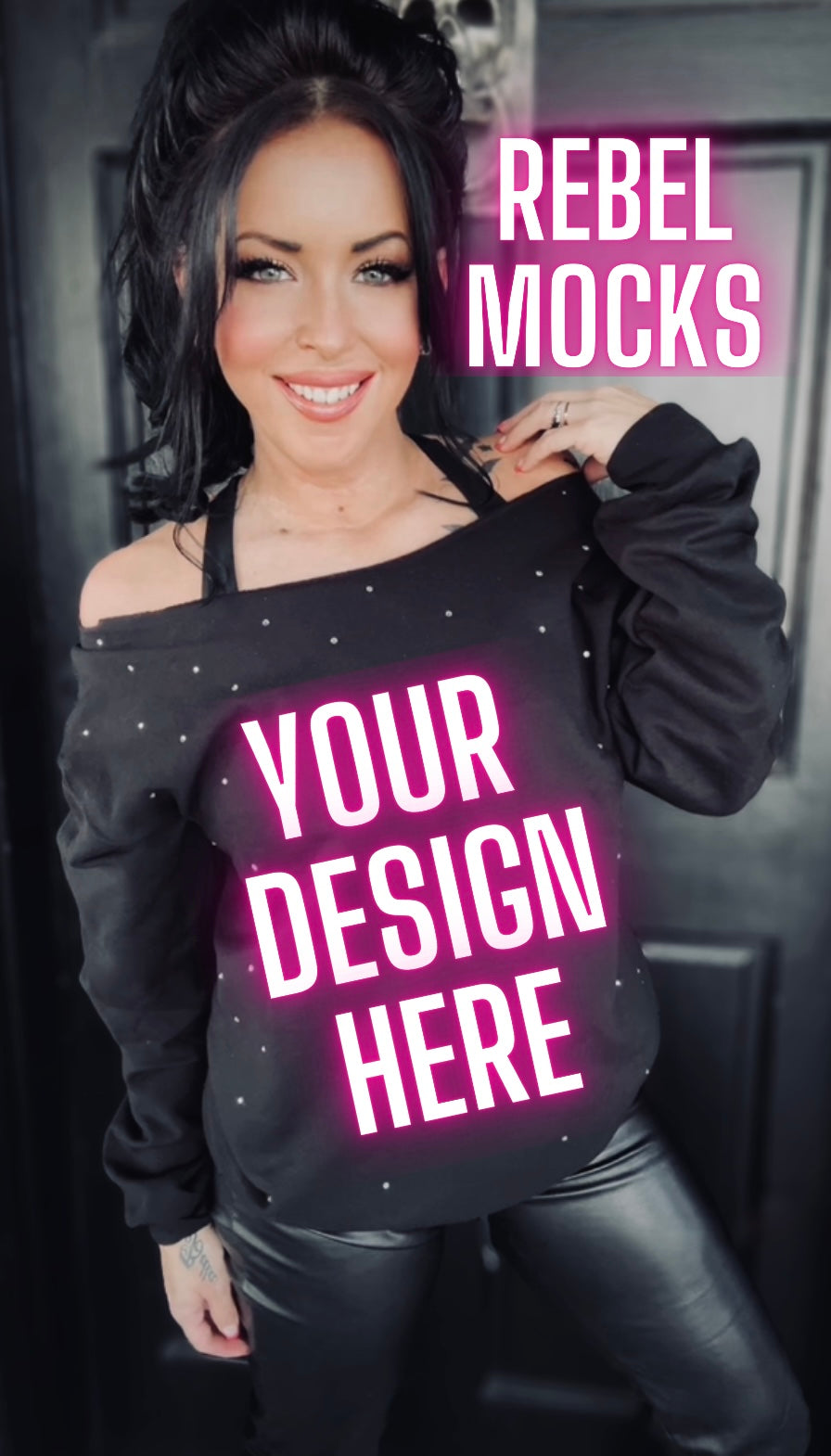 Rhinestone BLING Off Shoulder Black Crew Sweatshirt Model Mock Up