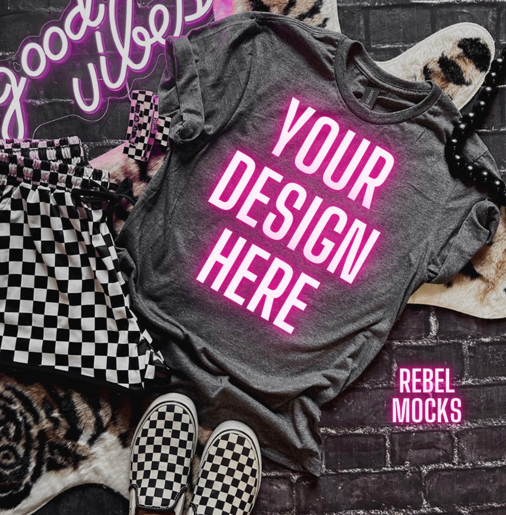Heather Charcoal Mock Up Trendy Edgy Vibes Flat Lay front and back 2 mocks
