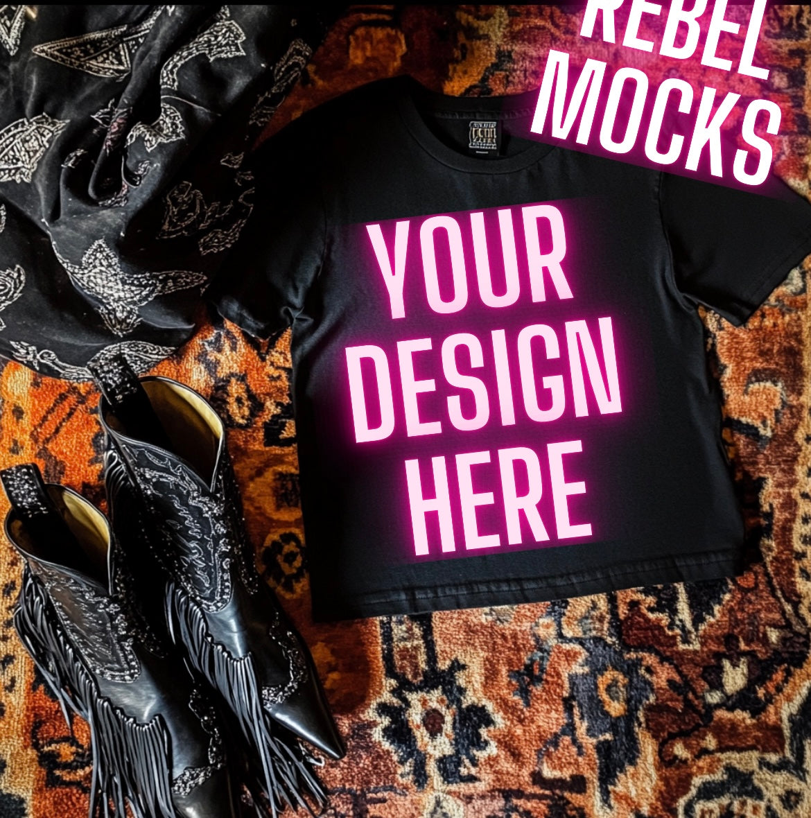 Black Tee Flat Lay Mock Up Western Grunge Alt Rock N Roll Vibes