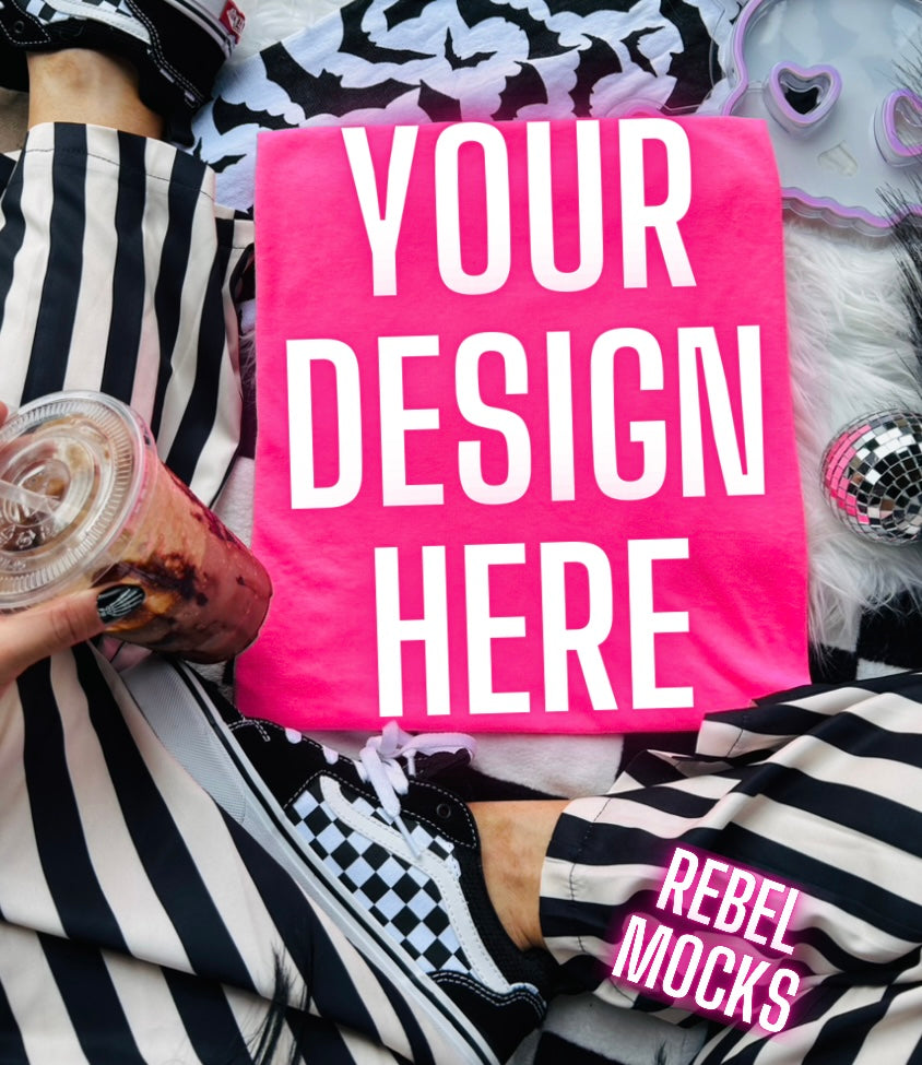 Neon Pink Tee Trending Alternative Flat Lay Mockup