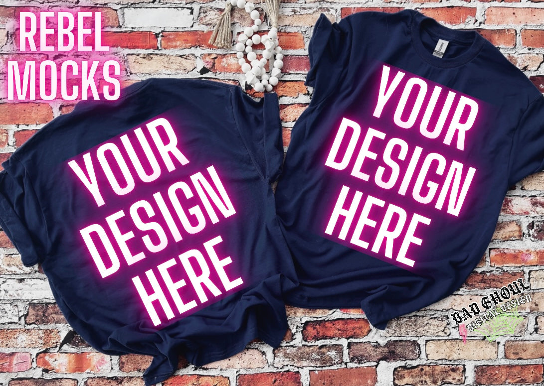 Front and Back Navy Tee Flat Lay Mock Up trendy
