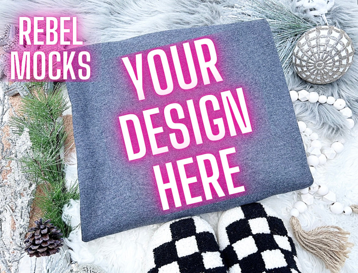 Gildan Charcoal Crew Neck Sweatshirt Neutral Holiday Winter Flat Lay Mock Up Checkered