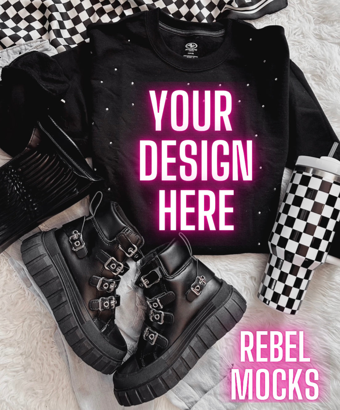 Rhinestone BLING Black Crew Sweatshirt Flat Lay Mock Up