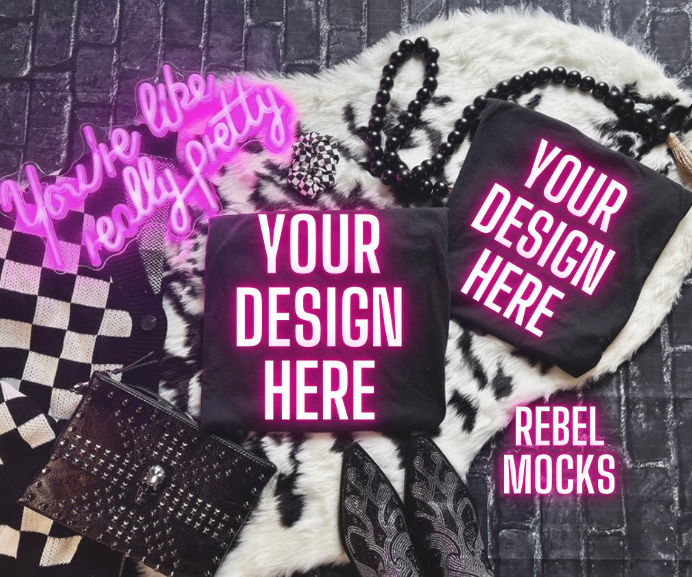 Bundle Black Flat Lay Mock Ups 11 Mocks Trendy Edgy Vibes front some fronts and backs