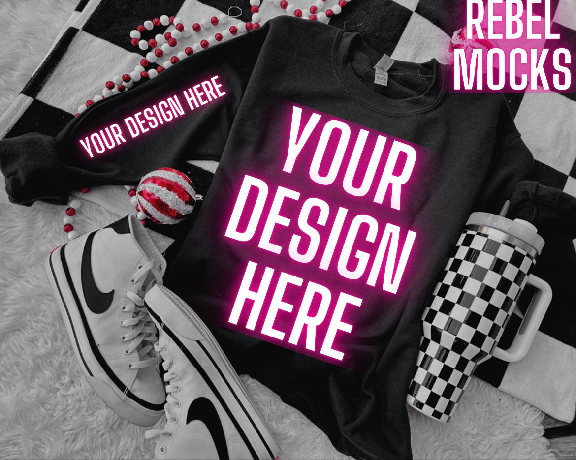 Black Crew Neck Sweatshirt Holiday Flat Lay Mock Up