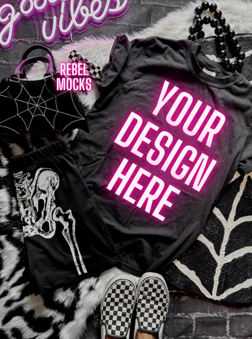 Black Tee and Shorts Mock Up Trendy Edgy Vibes Flat Lay 2 mocks