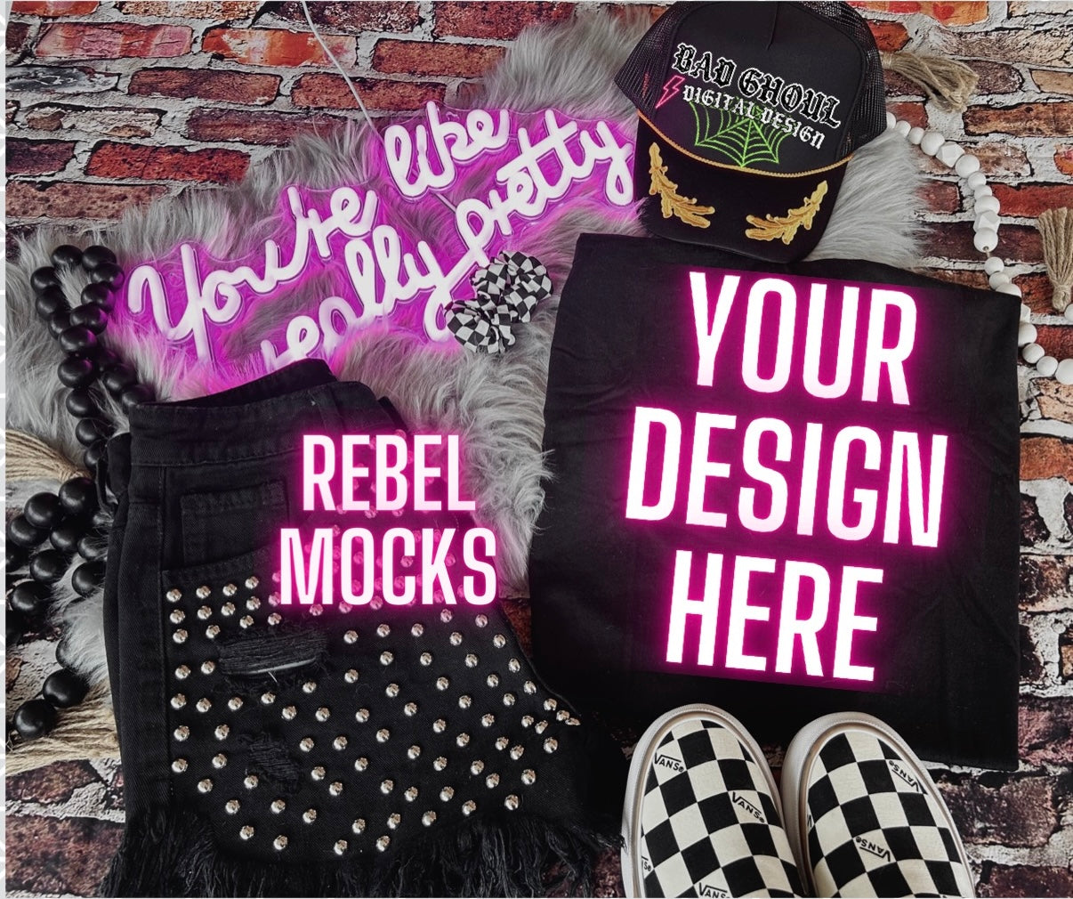 EDGY AF Vibes Black Tee and Hat Flat Lay Mock Up