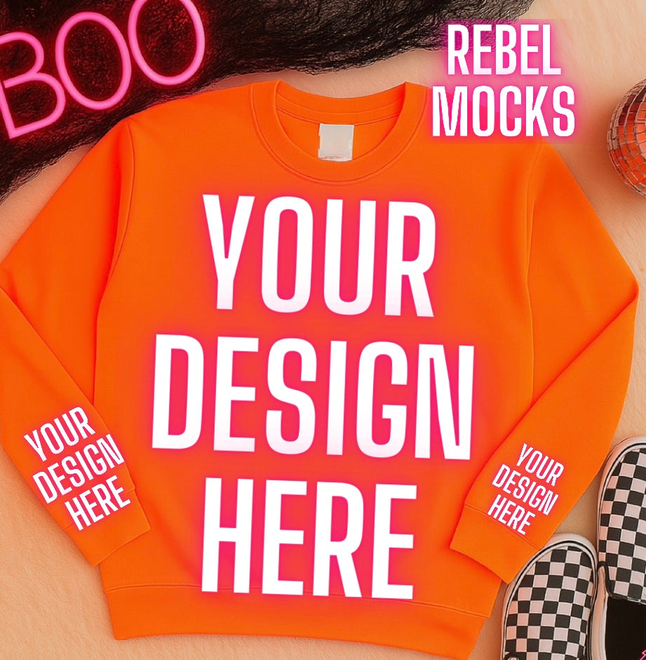 BOO Safety Orange Crew Neck Sweatshirt Alternative Flat Lay Mockup