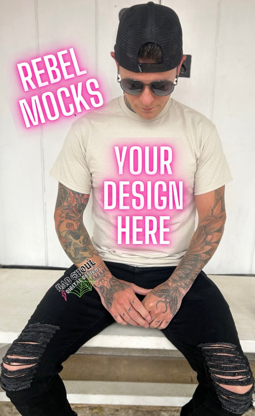 Sand Mens Tee Model Mock up IRL Alternative Edgy