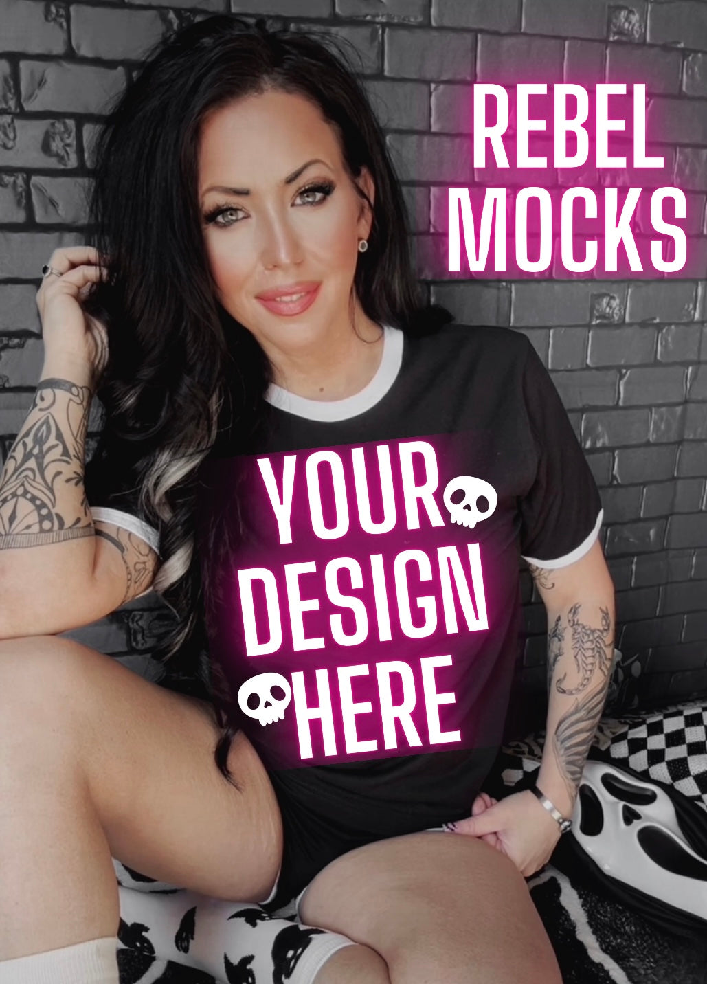 Black and White Ringer Tee Model Mock Edgy alt Vibes Mock Up