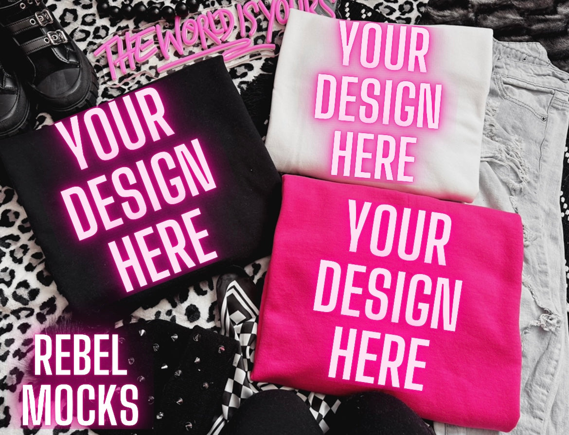 Black White & Heliconia Edgy Alt Trendy Mock Up flat Lay