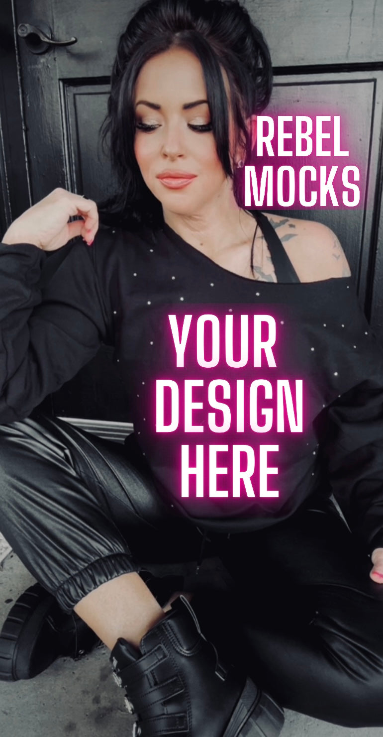 Rhinestone BLING Off Shoulder Black Crew Sweatshirt Model Mock Up