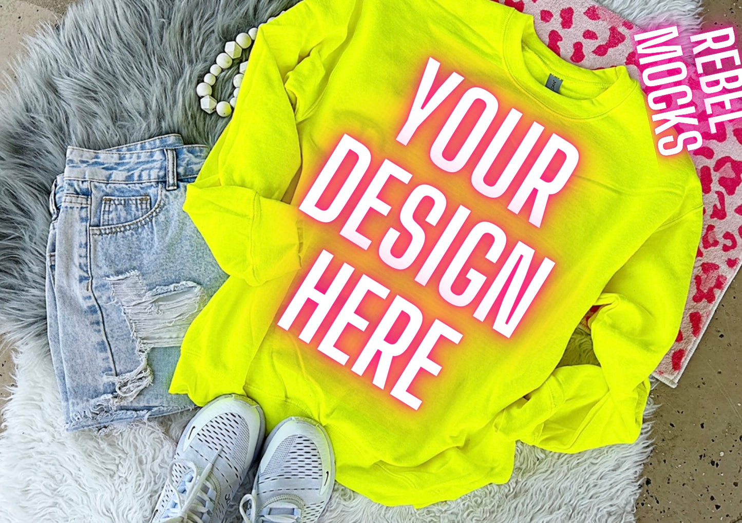 Safety Green Neon Yellow Crewneck Sweatshirt Mock Up flat lay TRENDY Clean Vibes