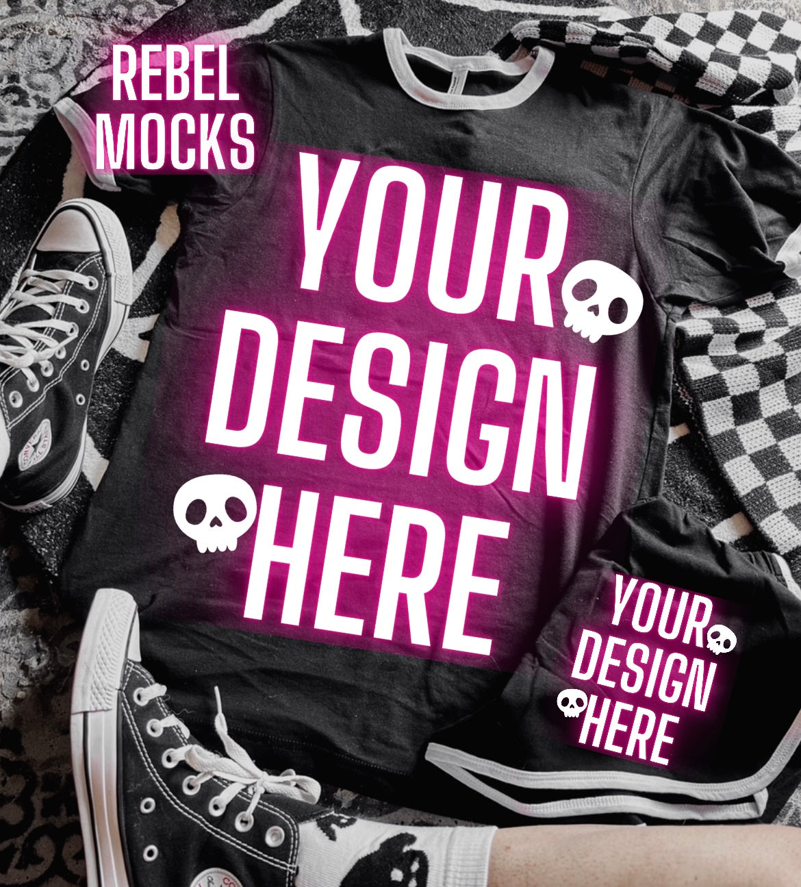 Black and White Ringer Tee Flat Lay Edgy alt Vibes Mock Up