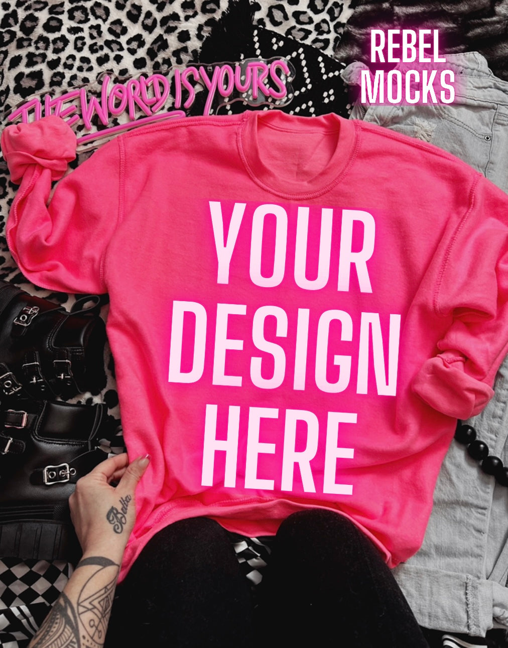 Inside Out Safety Pink Crew Neck Sweatshirt Edgy Alt Trendy Mock Up flat Lay
