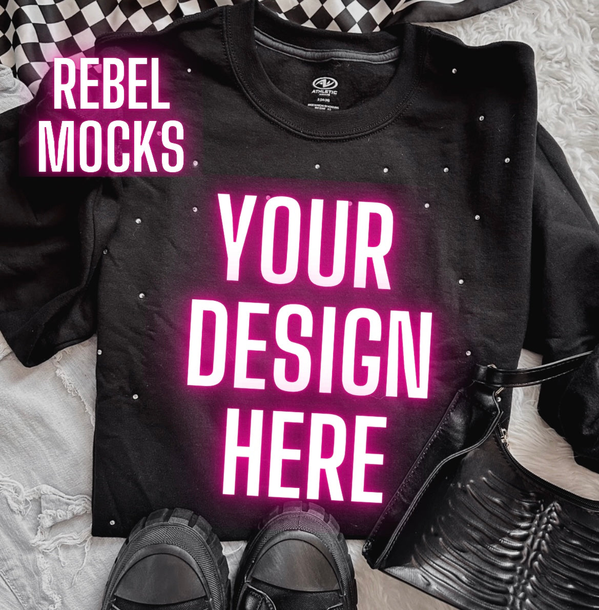 Rhinestone BLING Black Crew Sweatshirt Flat Lay Mock Up