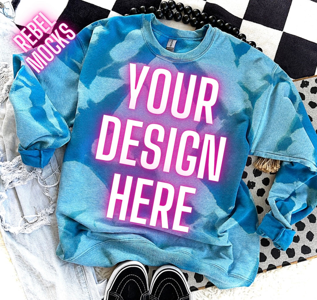 Blue Acid Wash Crew Neck Sweatshirt Flat Lay Mock Up TRENDING VIBES